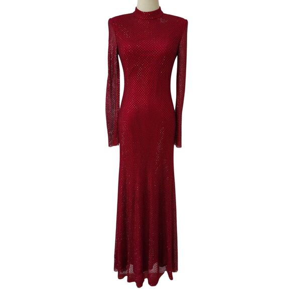 SELF-PORTRAIT Red Crystal-embellished mesh turtleneck midi dress - Picture 4 of 8